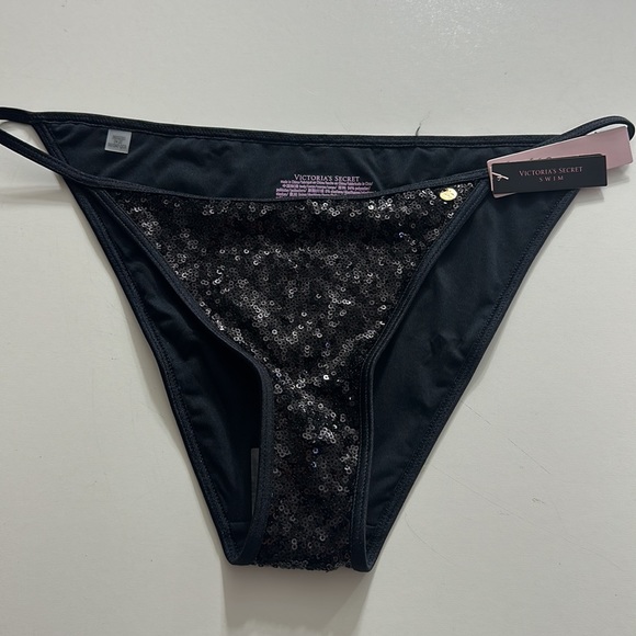 VICTORIA'S SECRET SWIM Sequin Cheeky String Bikini Bottom Black Medium NWT - Picture 6 of 9